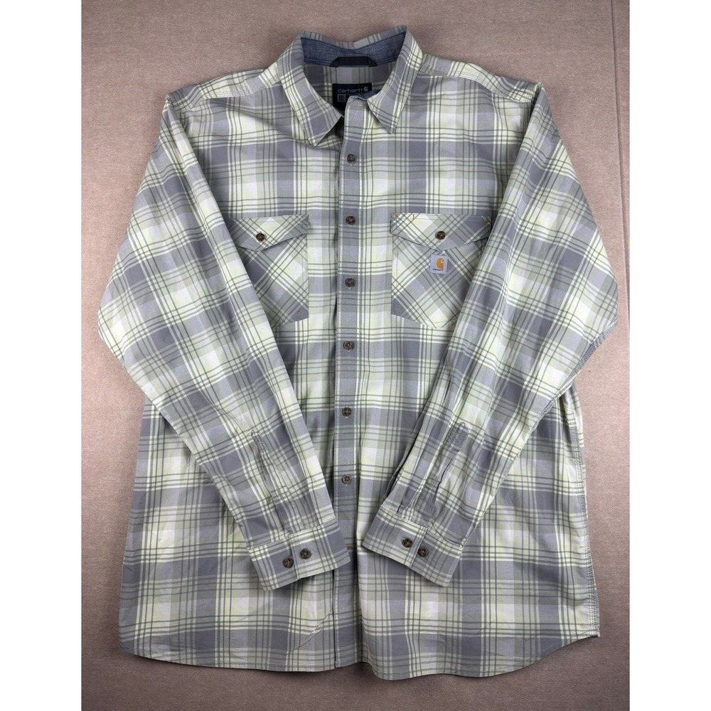Carhartt‎ Men XXL Tall Plaid Stretch Shirt Green Gray Button Work Casual